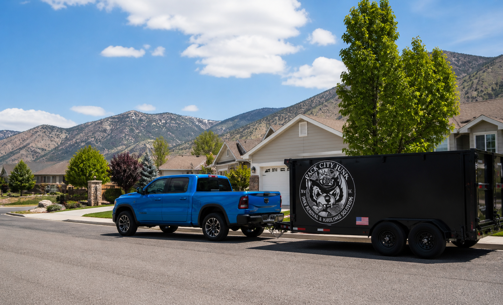 Pack City blue pickup truck and black trailer parked in a Northern Nevada neighborhood with mountain backdrop