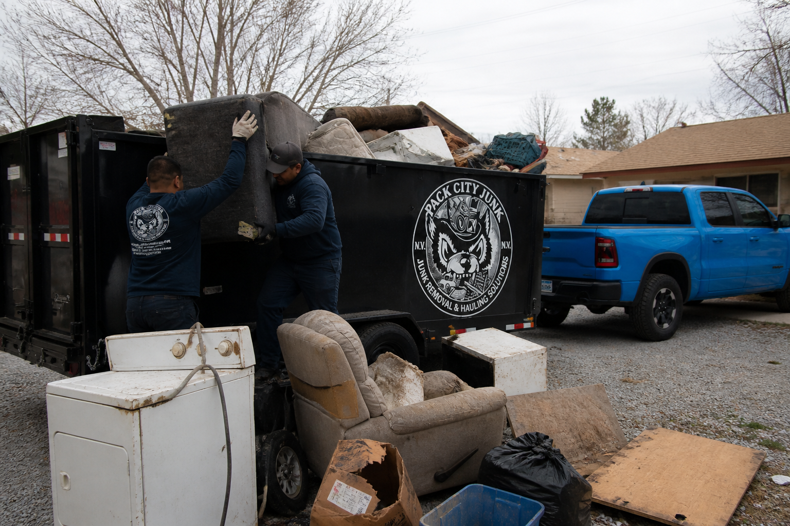Pack City crew loading a heavy couch into the trailer