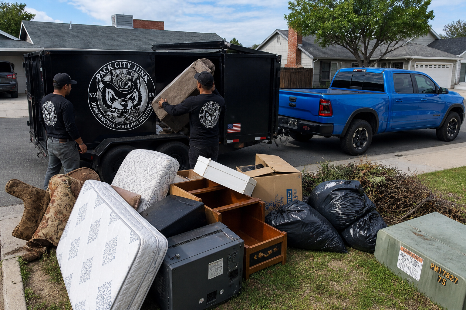 Pack City crew loading furniture and junk into the trailer