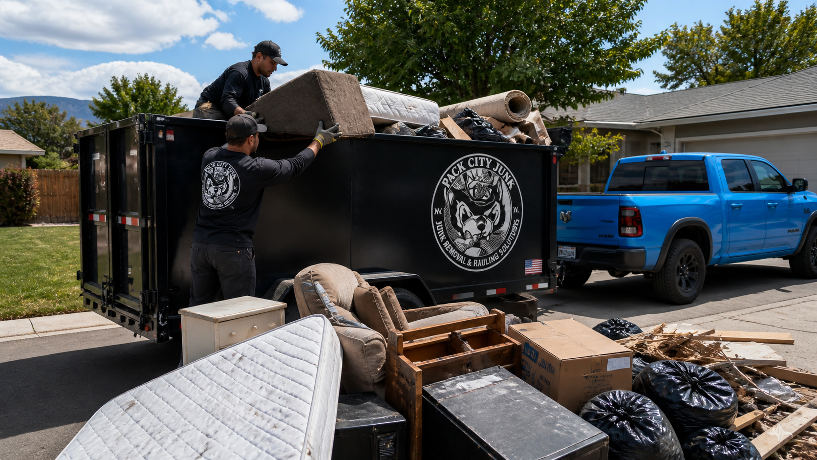 Pack City crew actively loading mattresses and furniture into the black trailer next to the blue pickup truck