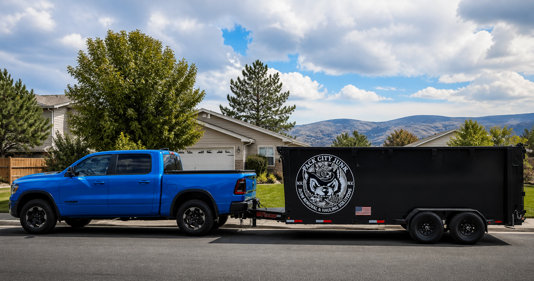 Pack City Junk Removal truck and trailer in Reno
